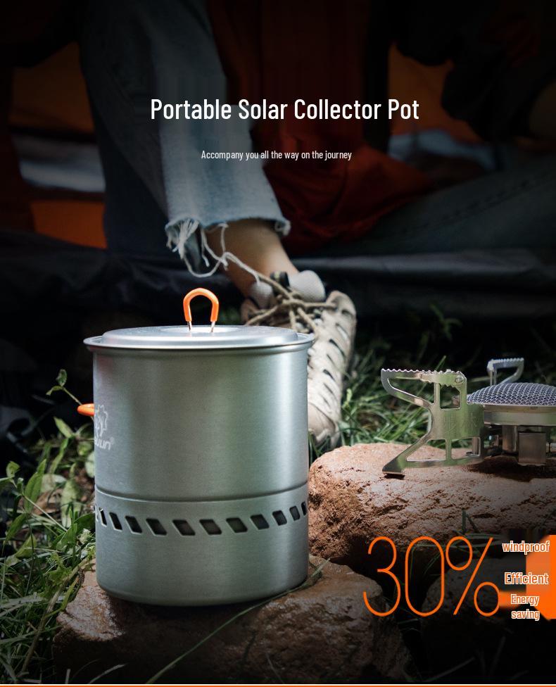 Set de vase portabile pentru camping: Oală care colectează căldura, Ceainic și Arzător cu cartuș