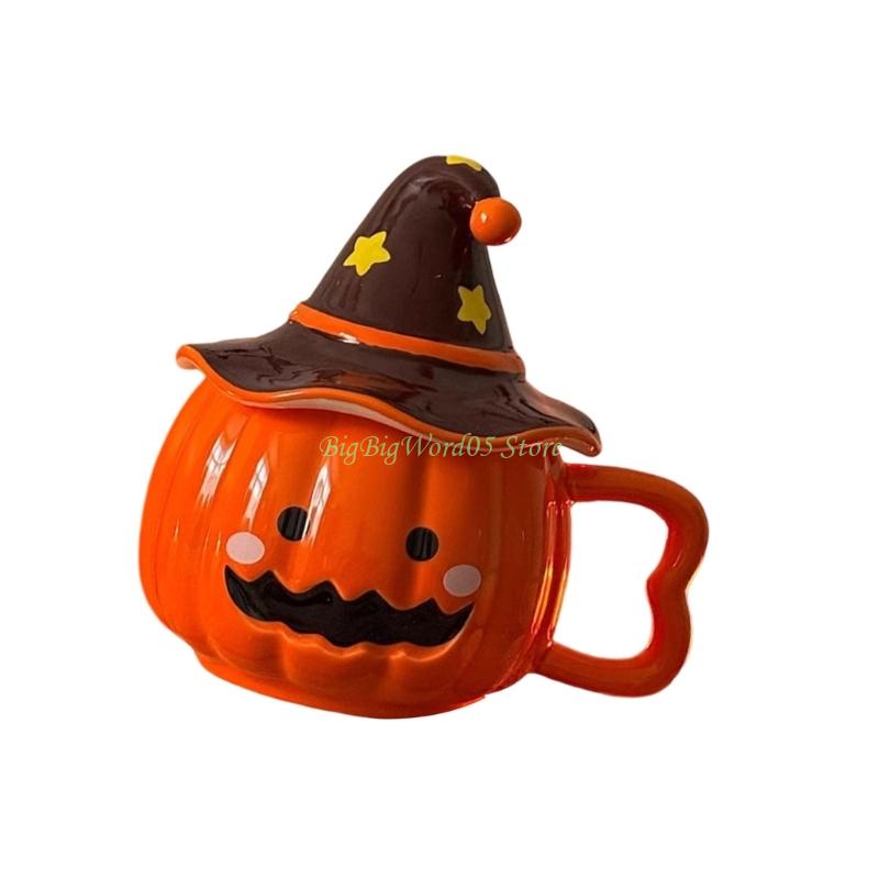 24TE Unique Halloween Themed Ceramics Mug with Pumpkin Design Matching Witch Hat Lid
