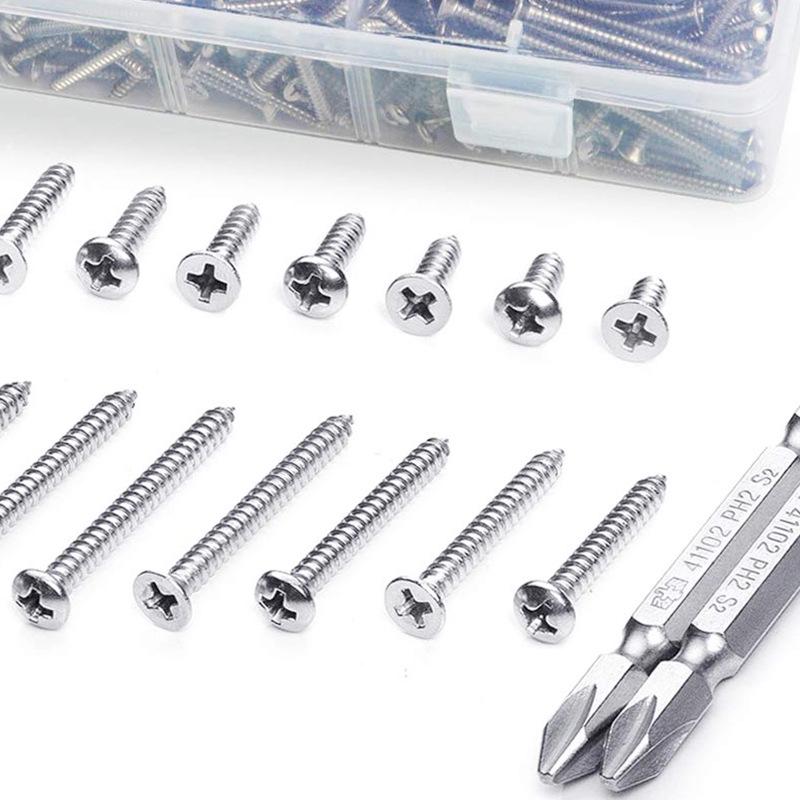 304 Stainless Steel Mixed Head Self-Tapping Screws Set with Flat and Pan Head Countersunk Screws