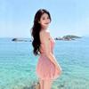 Women's Pink Halterneck Lace Swim Dress - Slimming One-Piece Swimsuit for Hot Springs, Tummy Coverage, Gentle Temperament