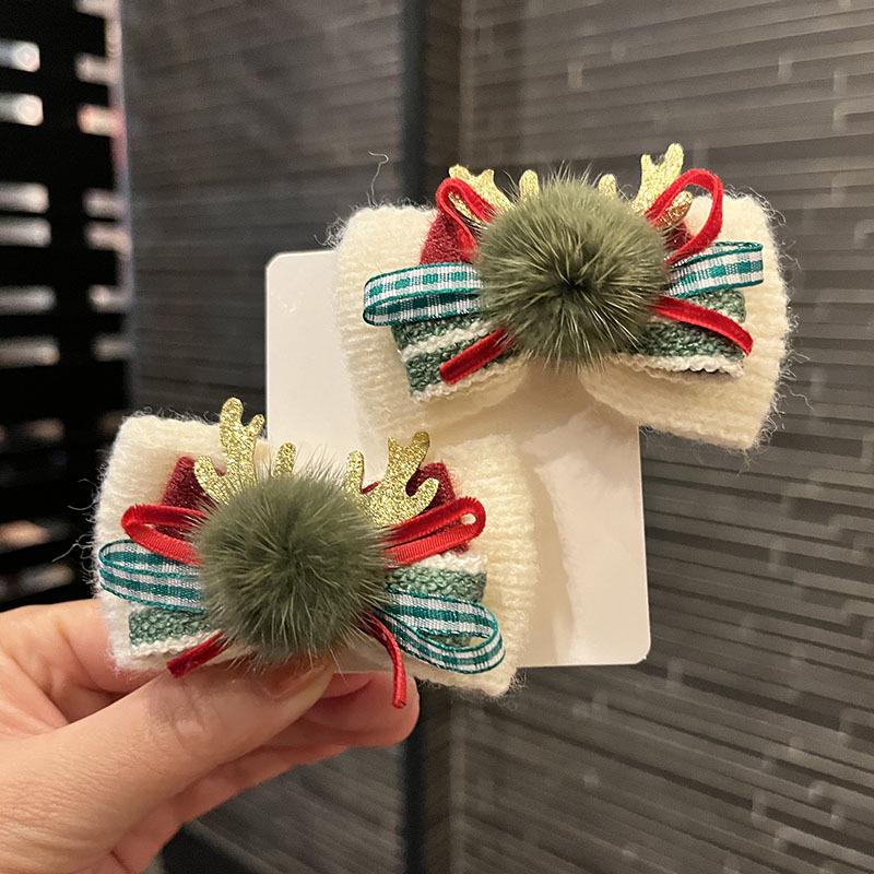 Children's Cute Christmas Antler Hair Clip with Pompon and Bow - Autumn/Winter Accessory