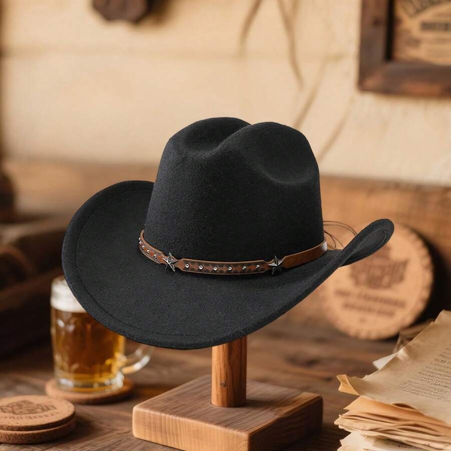Unisex Western Cowboy Hat With Star Studded Leather Belt Wide Brim Felt Fedora For Men Women