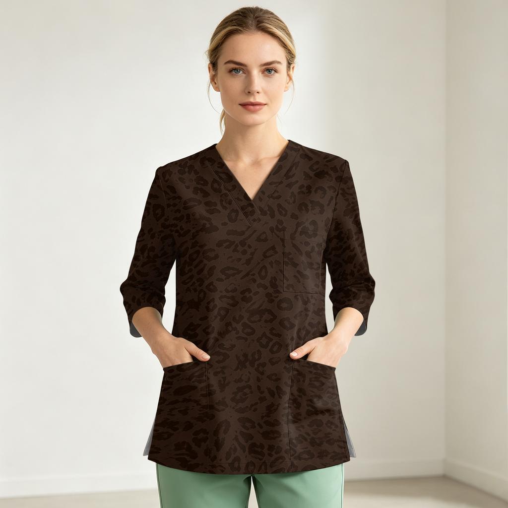 Women's Printed V-Neck Uniform Top with Single Pocket and Side Slit, 3/4 Sleeve
