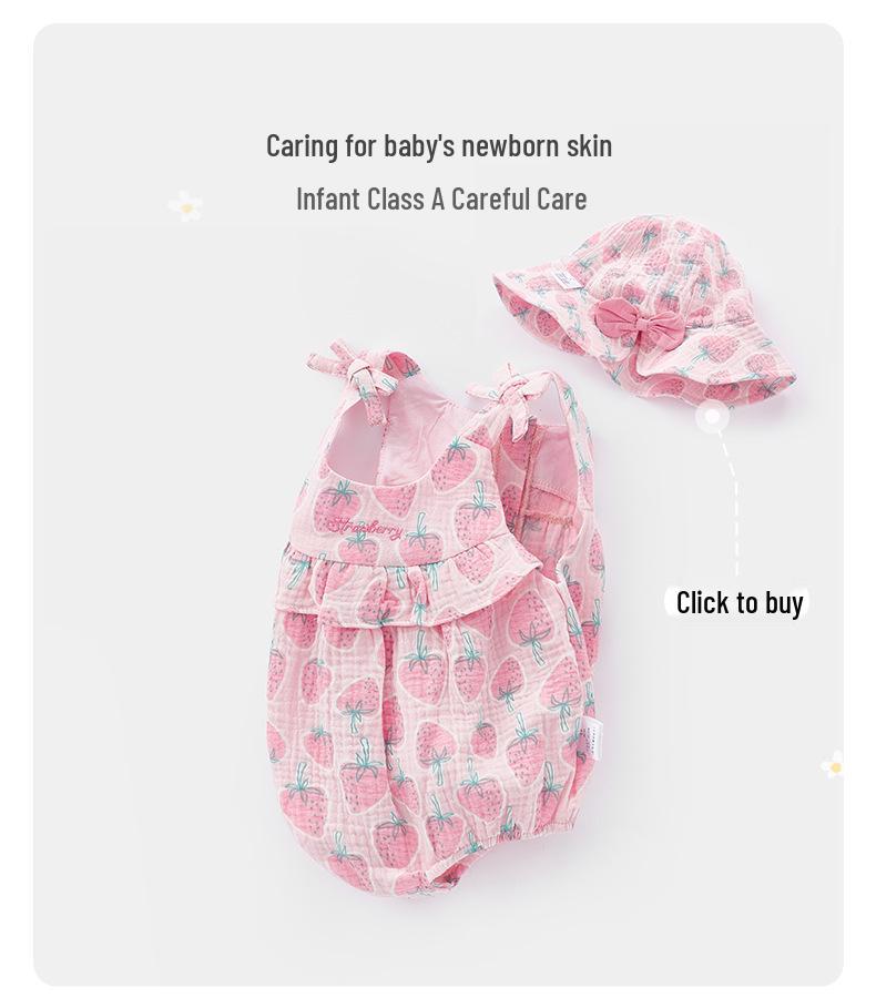 2025 Sommer Neugeborenes Erdbeer-Baumwoll-Strampelhöschen - Ärmellos, Spaghettiträger, Druckknopfverschluss im Schritt