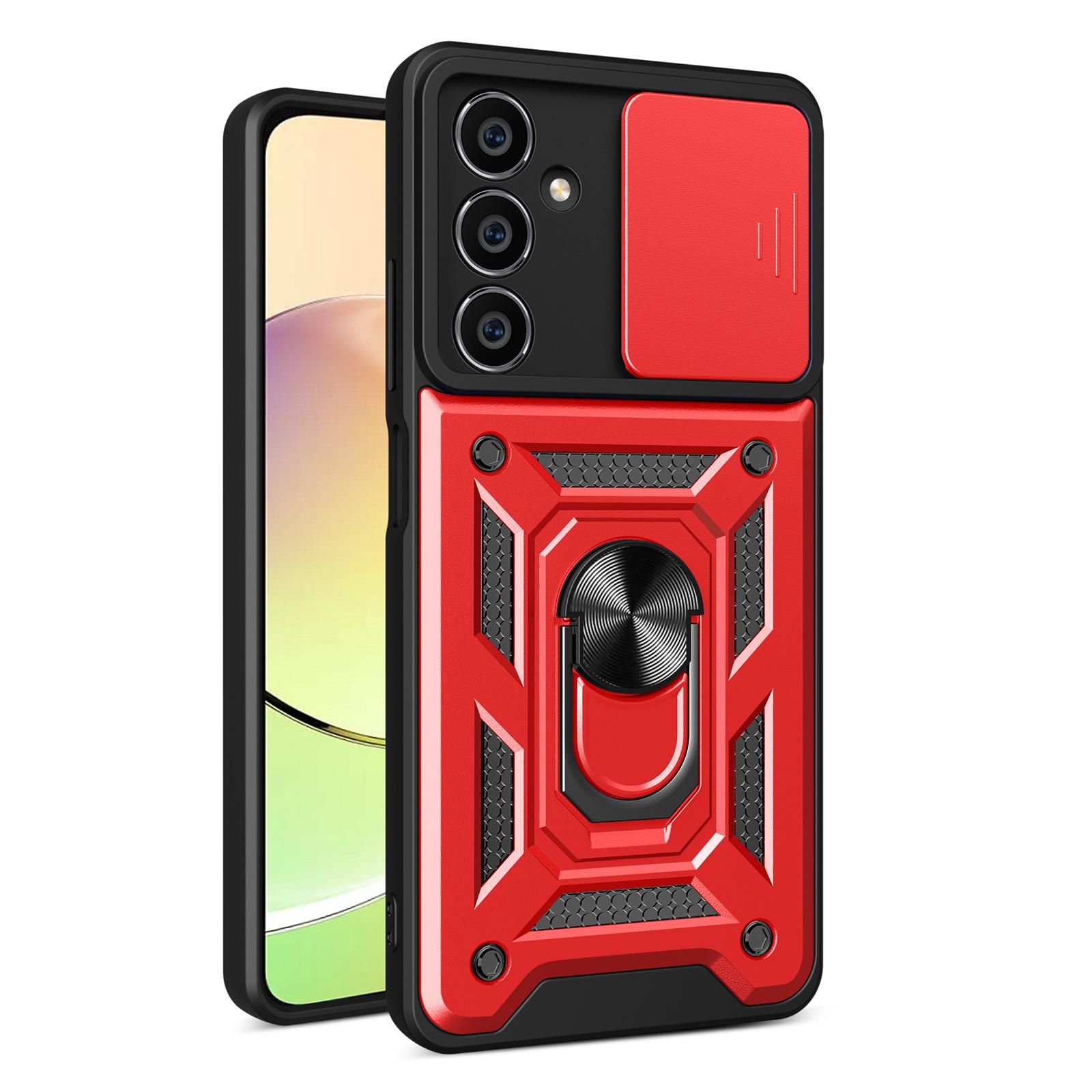 

For Samsung Galaxy S23 FE Slide Lens Lid PC+TPU Phone Case Ring Kickstand Back Cover Red