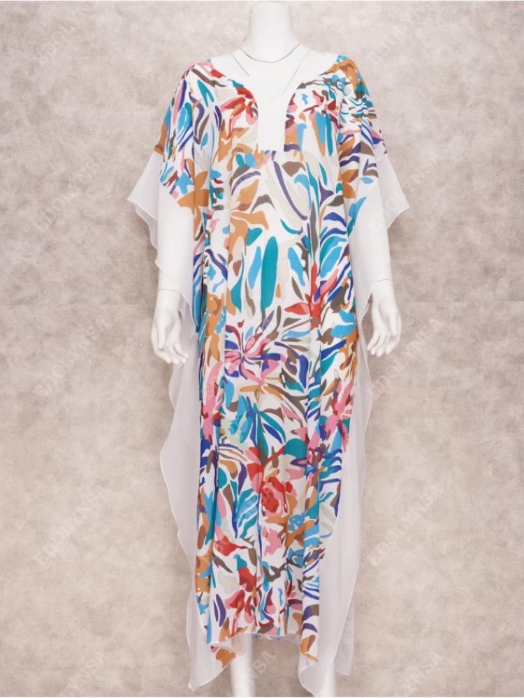 EDOLYNSA Bohemian Chiffon Printed Damenkleid Strandtunika Beachwear Kaftan Badeanzug Cover Up Pplus Size Kaftan Q1176