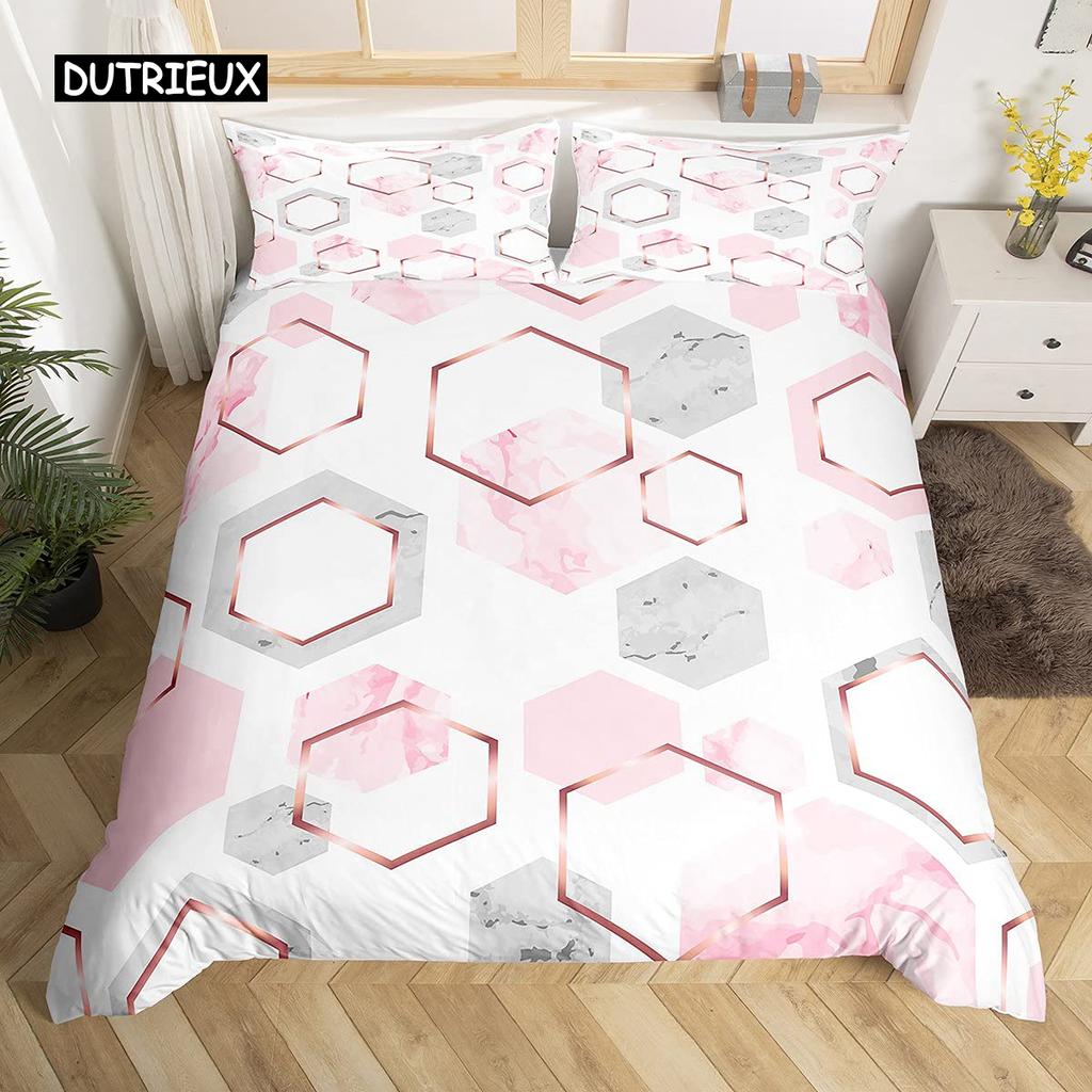 Honeycomb Duvet Cover Set Queen Size Geometry Hexagon Theme with Pink Blue Neon Lights Chic Comforter Cover for Boys Teen Man