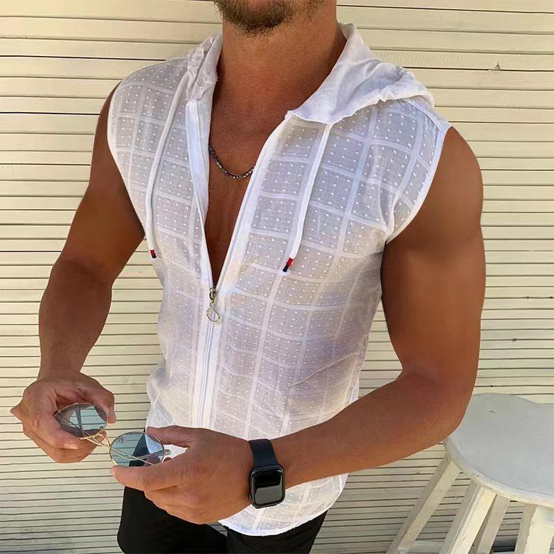 Kurzärmiger Kapuzen-Reißverschluss-Cardigan T-Shirt Herren Sommer Neue Mode Karomuster Ärmelloses T-Shirt Herren Revers-Top