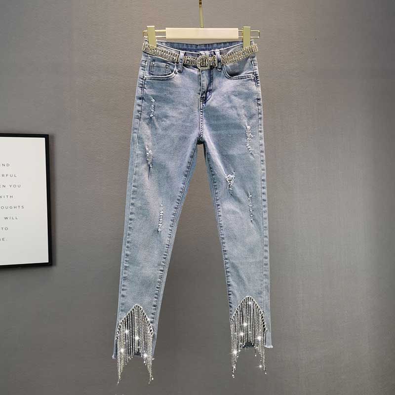 Station Trousers Rhinestone Tasseled Jeans Women's Fashionable 23 Summer Clothes New Arrival High Waist Slimming and Tight Skinny Jeans Cropped Pants