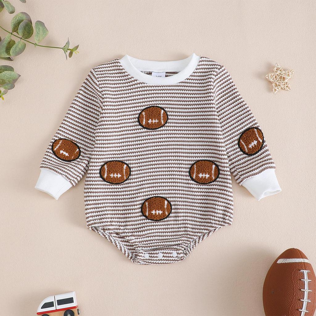 Unisex Baby & Toddler Waffle Stripe Long Sleeve Round Neck Romper with Embroidery