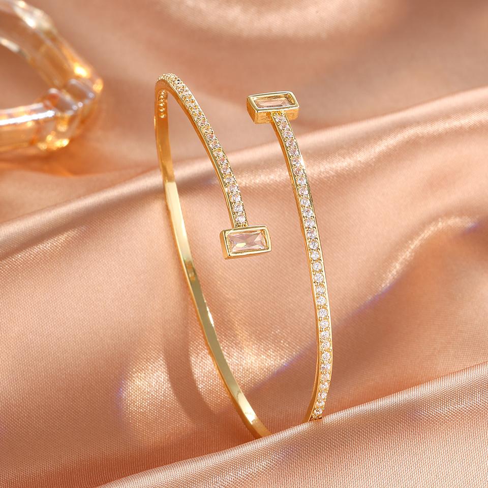 Fashion AAA CZ Sliver Color Cuff Bangles for Women Shiny Clear Geometric Rectangle Zircon Bracelet Wedding Jewelry