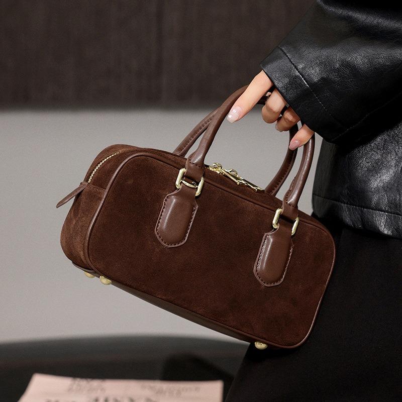 Autumn New Versatile Simple Bowling Leather Matte Leather Suede Shoulder Messenger Women's Bag Retro Handbag