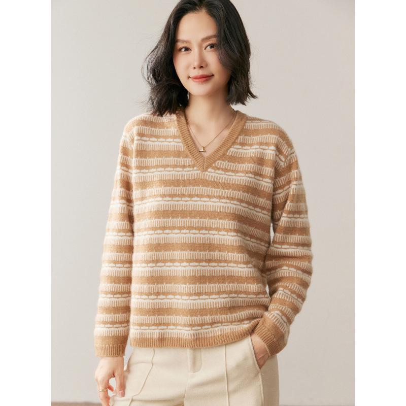 Women's Color Block V-Neck Cashmere Sweater - 2025 Autumn/Winter Korean Style Loose Slimming Pullover