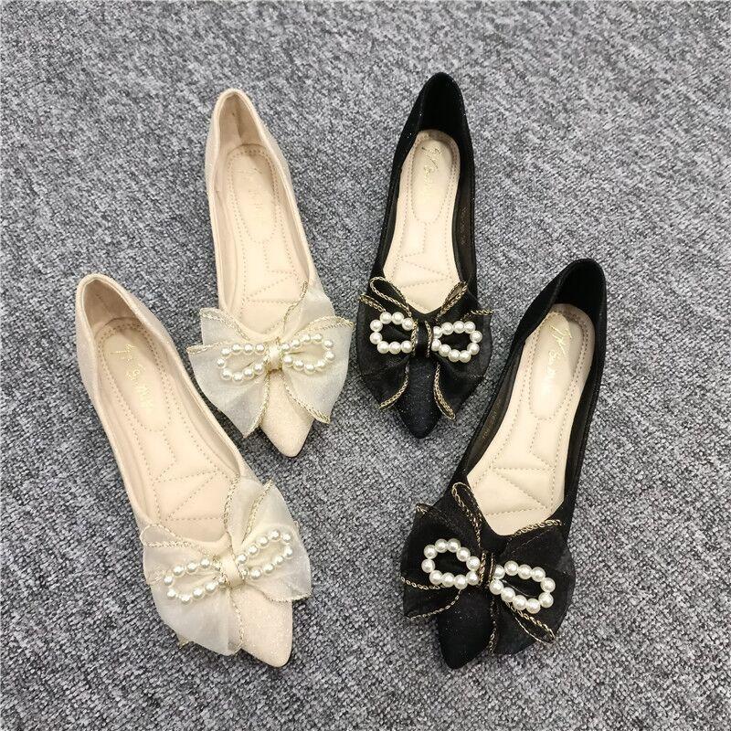 2025 New Bow Soft-soled Ladyshoes Pointed Head Shallow Mouth Fairy Flat-soled Single Shoes Femininity Bridesmaid Shoes