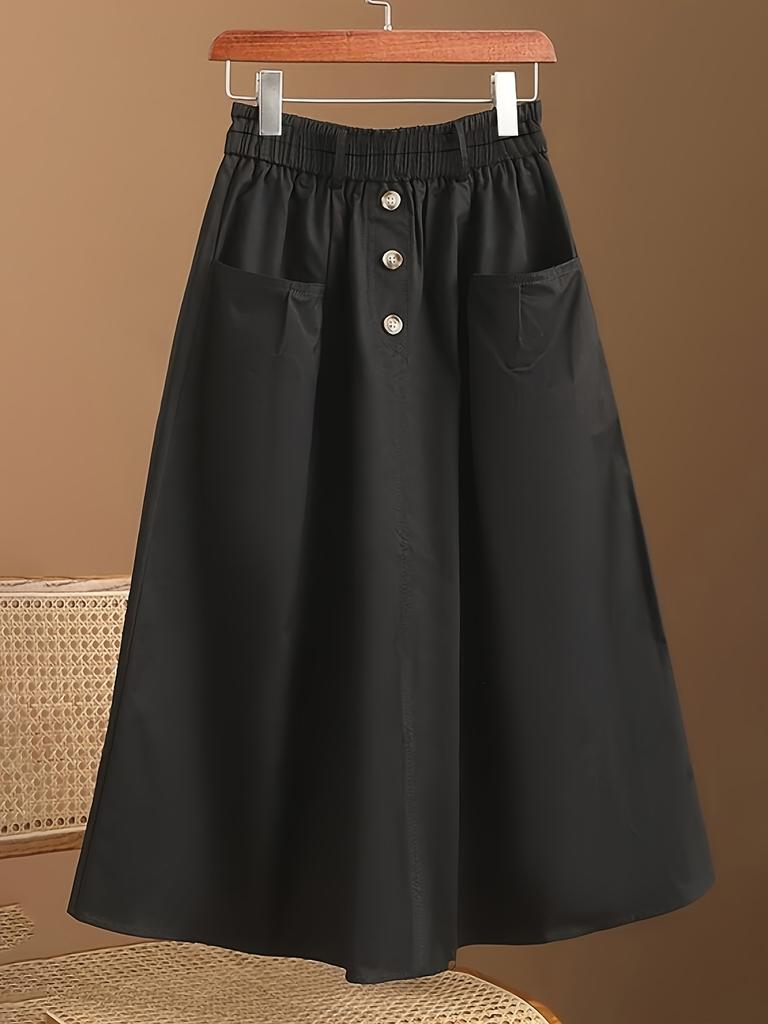 Chic Women's Elastic Waist Skirt with Button Accents and Convenient Pockets - Versatile, Comfortable Design for Casual or Work Wear