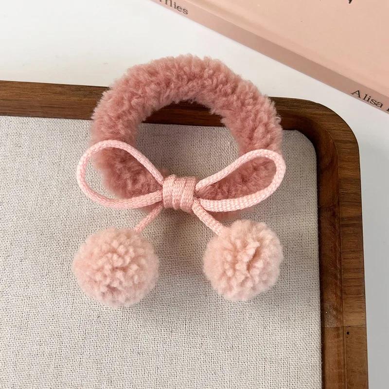 Strawberry Pink Ball Hair Ties Cherry Blossom Bow Scrunchies for Girls Kawaii Ponytail Holders Furry Pompoms Hair Accessorie