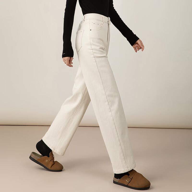 Fanzhen Women's Plush-Lined Off-White High-Waist Straight-Leg Jeans