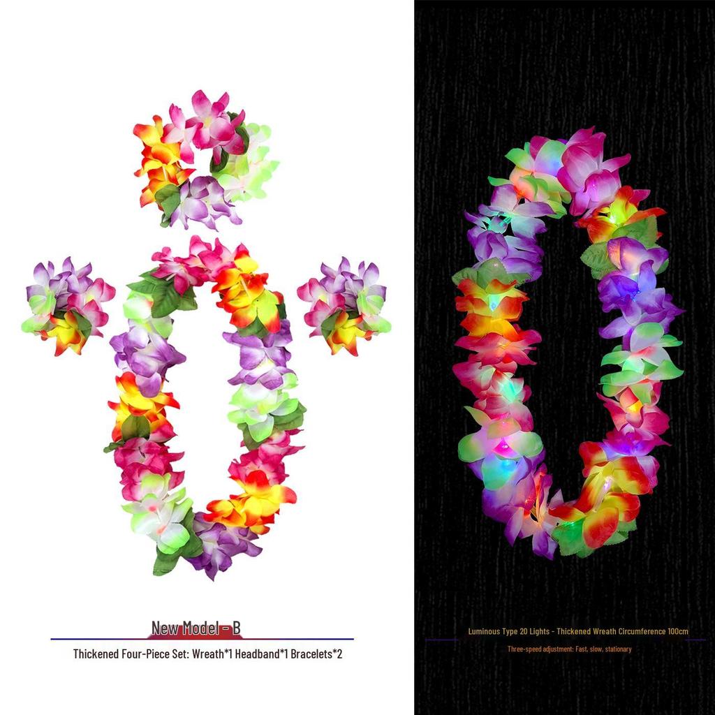 Hawaiian Luminous Flower Garland & Hula Skirt Set - Summer Costume Accessories for Annual Stage Events