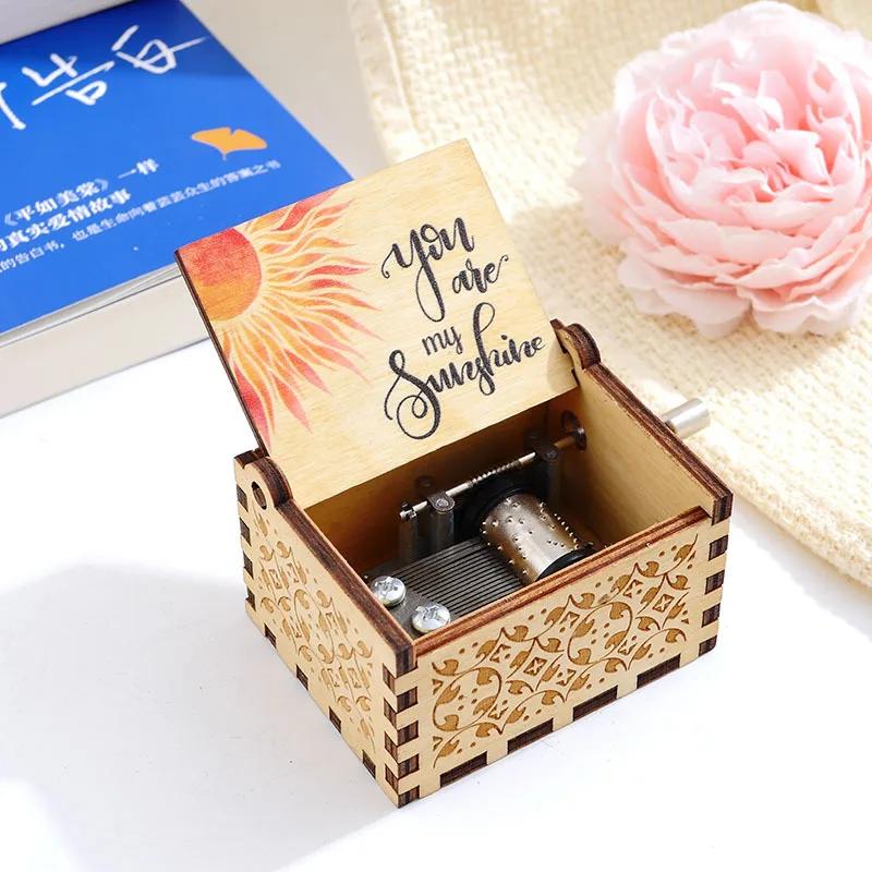 Антикварная музыкальная шкатулка с резьбой, стиль цветной печати «Ты мое солнышко», деревянная музыкальная шкатулка, ретро-резьба, музыкальная шкатулка с ручным заводом