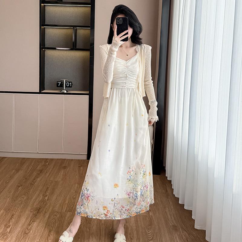 Women's Summer Spaghetti Strap Two-Piece Dress Set: Pure Style, Heavy Duty Print, Slimming Waist, Versatile Long Dress