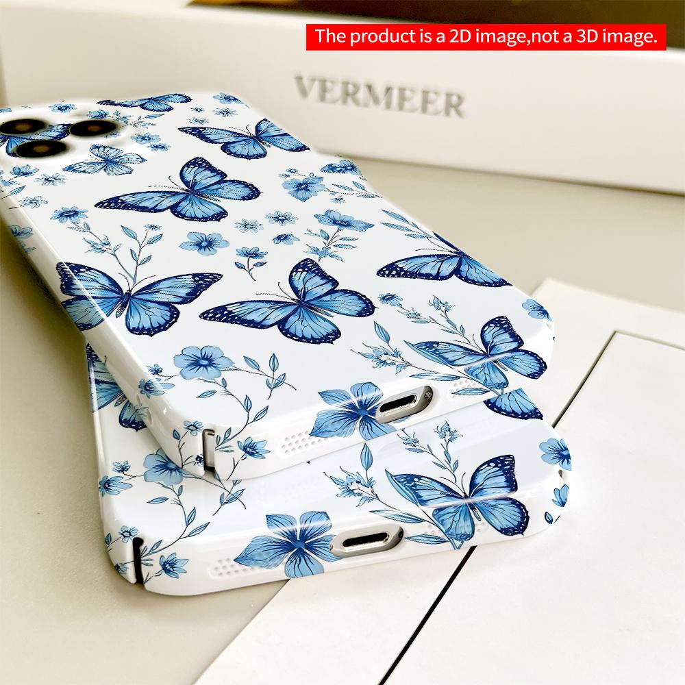 Blue Butterflies & Floral Pattern Phone Case All Inclusive Film Hard Phone Case, Compatible with iPhone 18 Pro Max 17 16 15 14 13 12 11