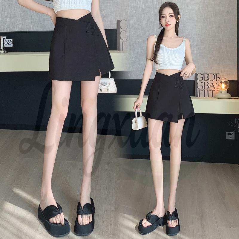 2026 Spring/Summer Irregular Slit A-line Skirt Pants with Frog Buttons Medium чёрный