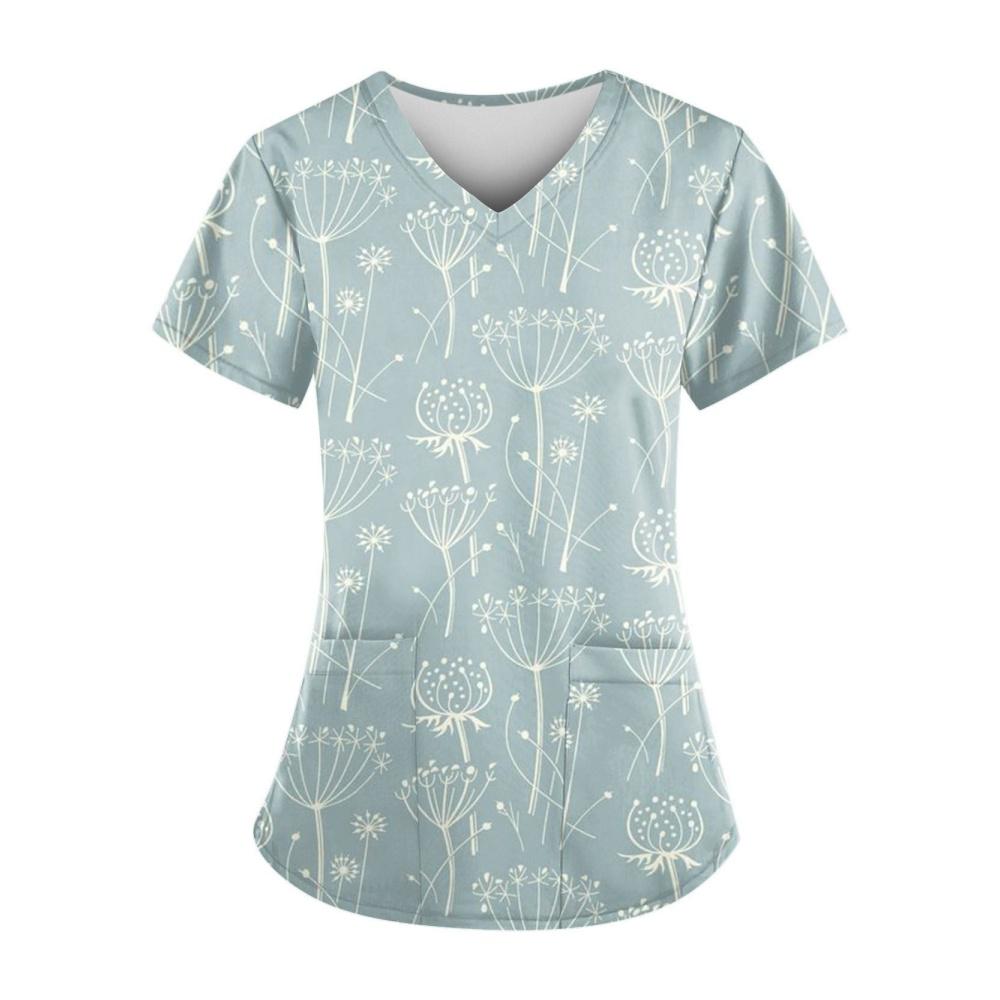 Damesykepleieruniformer Mote Blomstertrykk Sommer Casual V-hals Kort ermet T-skjorte Lett Tannlege Veterinær Klinisk Uniform Kvinne