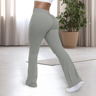 Dampants för Yoga Hög Midja Rynkad Fitnessbyxor Enfärgade Höjande Höfter Vida Ben Fitness Sportbyxor