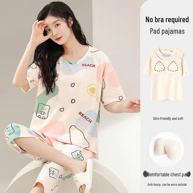 Korean Style Women's Summer Pajamas: Sweet Two-Piece Set with Short Sleeves, Cropped Pants, and Round Neck