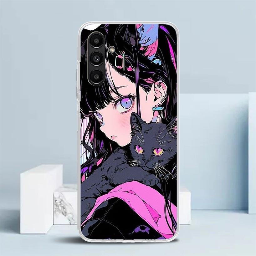 Anime Girls Cute Black Cat Phone Case For Samsung Galaxy A17 A37 A57 A16 A15 A14 A13 A56 A55 A54 A53 A36 A35 A34 A33 A26 A25 A24