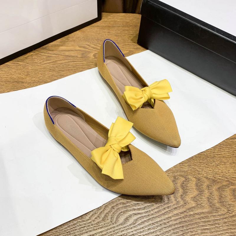 Single shoes women's new bow flat bottom super soft knitted pointed head shallow mouth woven bean shoes