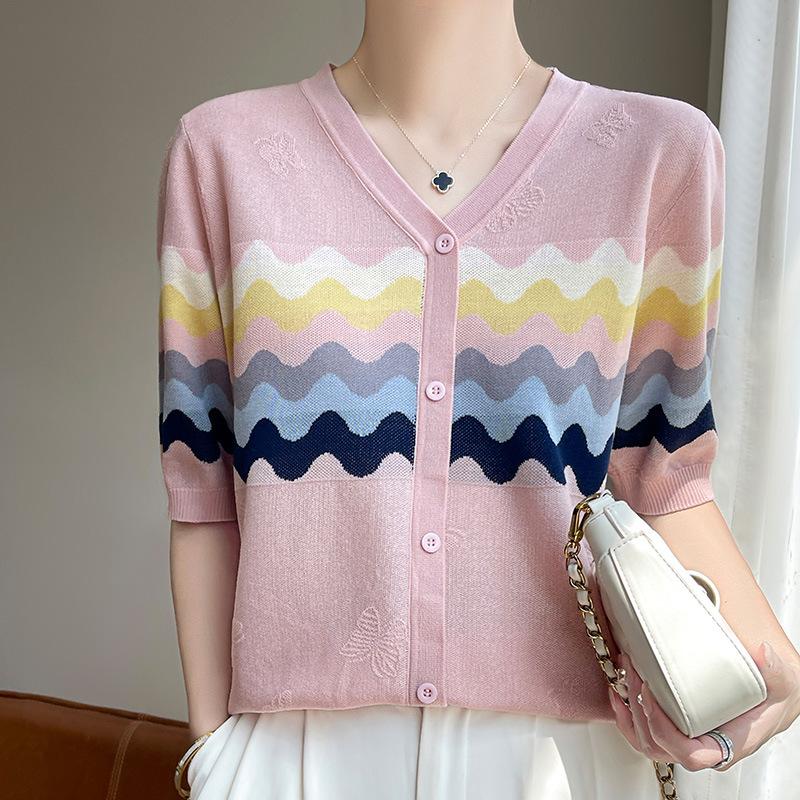 

Knitted Sweater Summer Ten-silk Embroidered Top for Women Summer Wide Stripes Women s Short-sleeved Round Neck V-neck M
