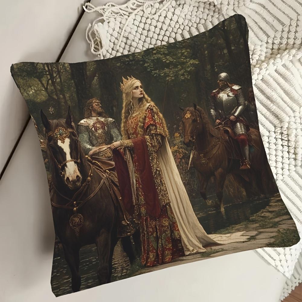 1pc Medieval Queen & Knights Pillow Cover, Polyester 2D Double-Sided Print, Vintage Fantasy Forest Royalty Art, Gothic Home & Ca