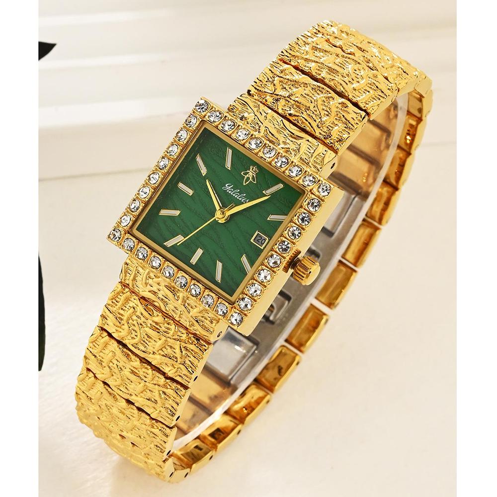 Luxury Square Quartz Watch Crystal Bezel Textured Dial Vintage Carved Metal Bracelet Waterproof Daily Dress Watch for Men Women Couple Matching Watch