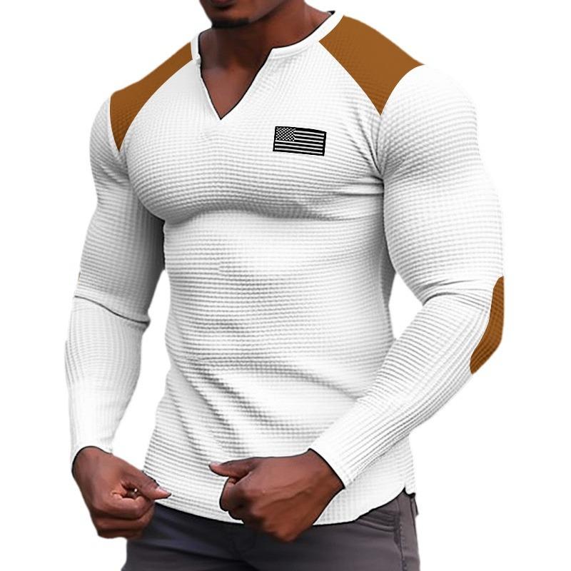 Spring Autumn Solid Color Slim Fit Long Sleeve T-Shirt Men's Small V-Neck Breathable Sports Tees Waffle Casual Tops