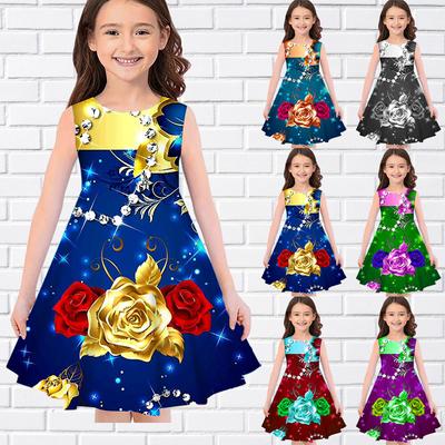 Mädchen 3D-Druck Kleider Kinder Mädchen Party ärmelloses Prinzessinkleid Tank 3D-Druck Grün Gelb Rose Kleid