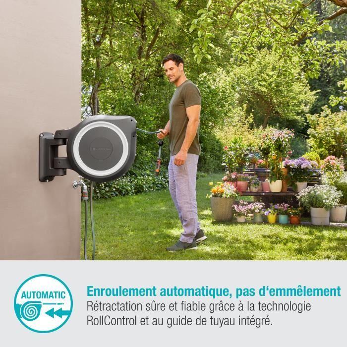 GARDENA Dévidoir automatique mural RollUp® M/L liseret blanc – Longueur 25m – Ø13mm – Kit complet – Garantie 5 ans (18622-20)