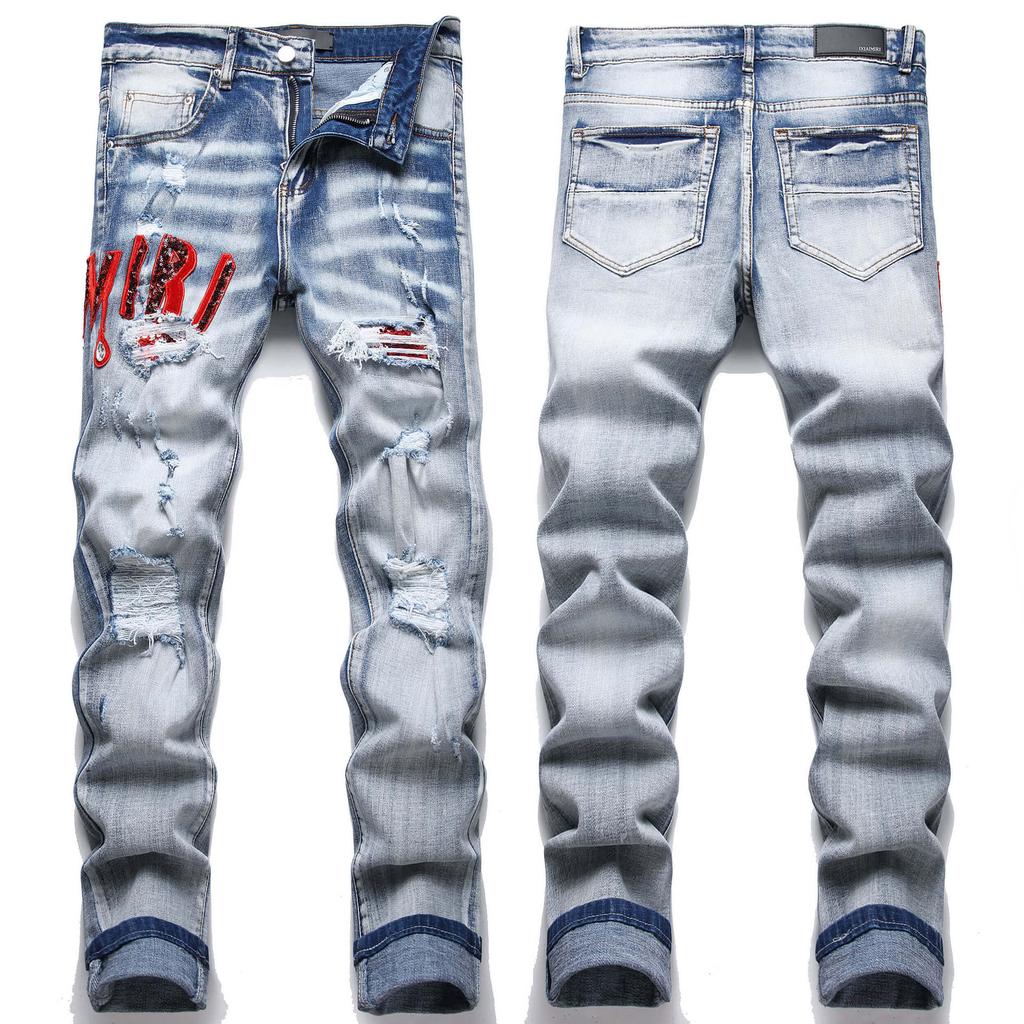 Nuovo Stile Street Style Jeans da Uomo Denim Blu Stampato Trendy Elasticizzati Giovanili Slim Fit 3613