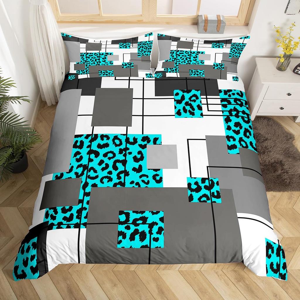 Abstract Stripe Leopard Check Duvet Cover Geometric Cheetah Print Bedding Set Girls Pink Black Grey Twin Queen Comforter Cover