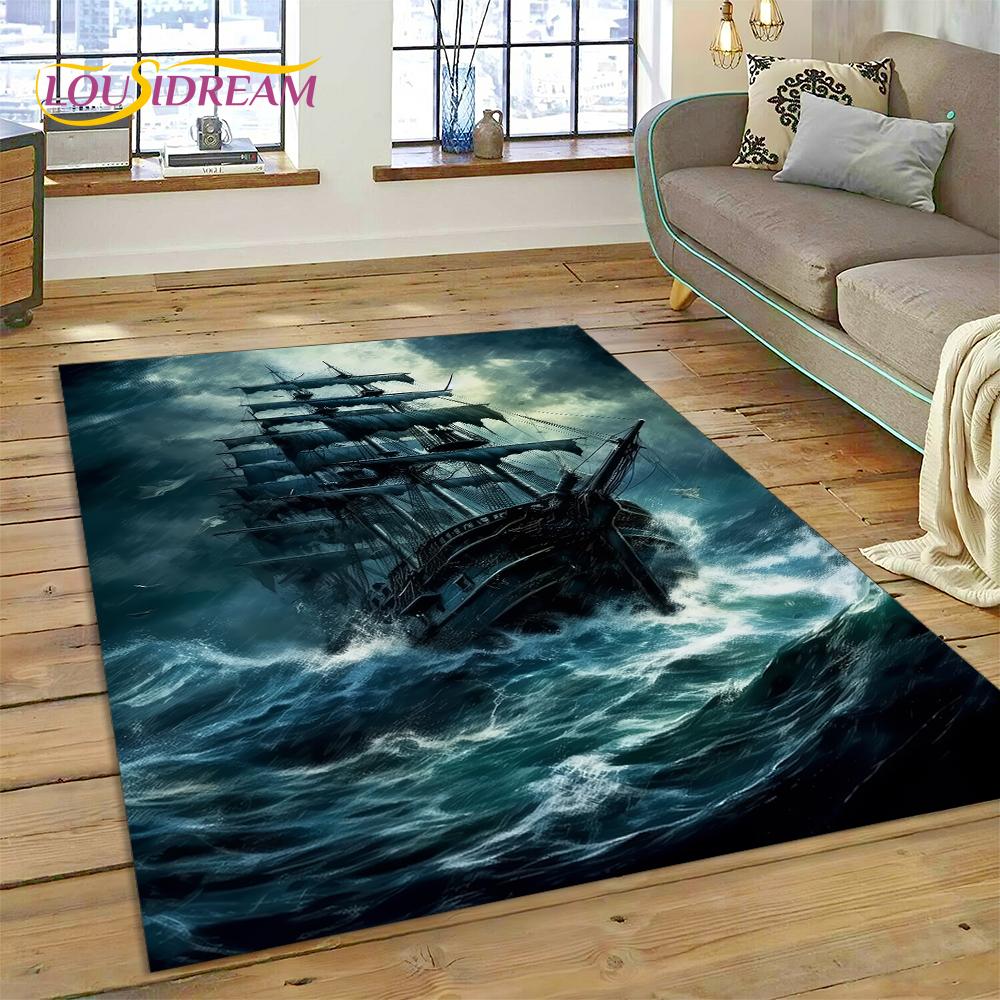 Antikes Piratenschiff Boot, Barke, Segelboot Teppich für Wohnzimmer Schlafzimmer Dekoration, Bodenteppich Rutschfeste Dekoration für Sofa Fußmatte