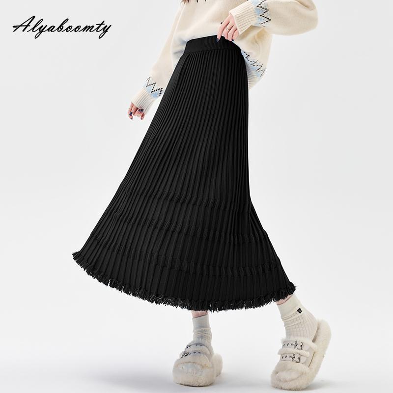 

Осень Зима Женская Вязаная Миди Юбка С Высокой Посадкой Бежевая Черная Синяя Вязаная Юбка с Кисточками Плотная Теплая Элегантная А-Силуэта Юбки Женские One Size чёрный