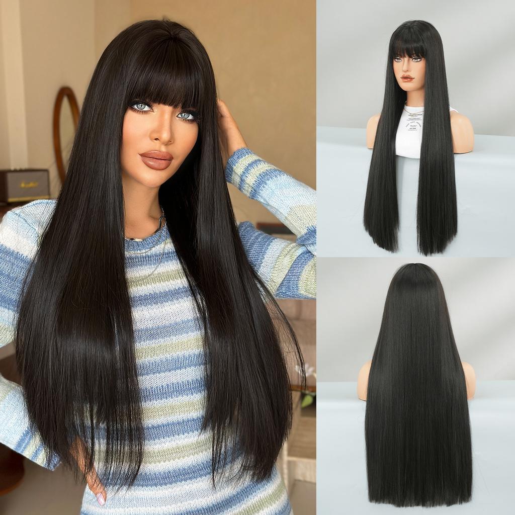 New Highlighted Brown Long Straight Wig for Women - Full Bangs One-Length Cut JK Schoolgirl Style Rejuvenating Daily Wear Full Cap Wig