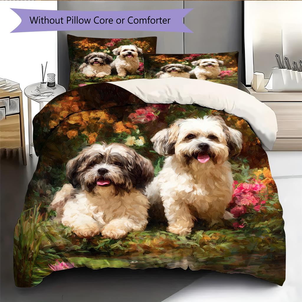 Shih Tzu and grass Pattern Bedding Home Decoration Birthday Gift (1 * duvet cover + 2 * pillowcase, without core)