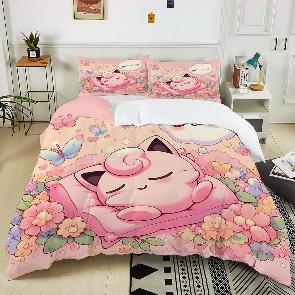 Next Day Shipping P0kem0n Jigglypuff Print Pink Bedding Set 3PC 1 Duvet Cover 2 Pillowcases Adult Kids Bedding Set Comforter Set