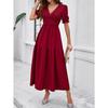 Summer Women's Dress Temperament Solid Color V-neck Short-sleeved Long Dress