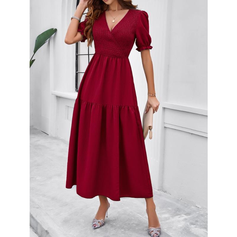 Summer Women's Dress Temperament Solid Color V-neck Short-sleeved Long Dress