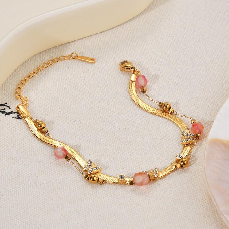 Double Layer Titanium Steel Gold Plated Heart Butterfly CZ Crystal Bracelet Women Fashion Chain Jewelry