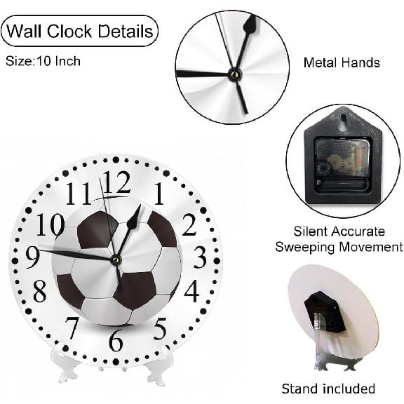 Clock Soccer Ball Pattern Wall Clock 10 Inch Silent Non-Ticking Clocks Battery Operated for Home Living Laundry Room Kitchen Bedroom Office