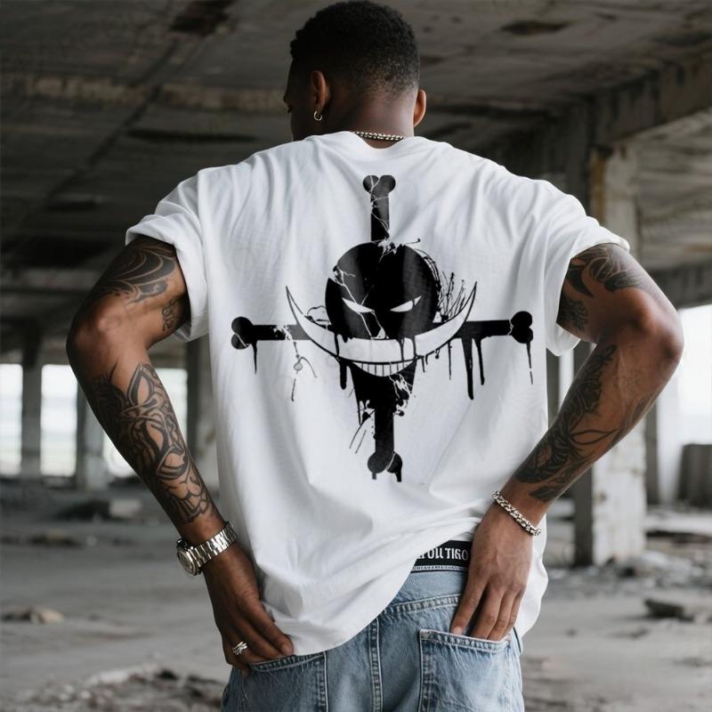New Summer Men's Polyester Fabric Casual Sports Loose Retro Compass Printed Comfortable Round Neck Short Sleeved T-shirt