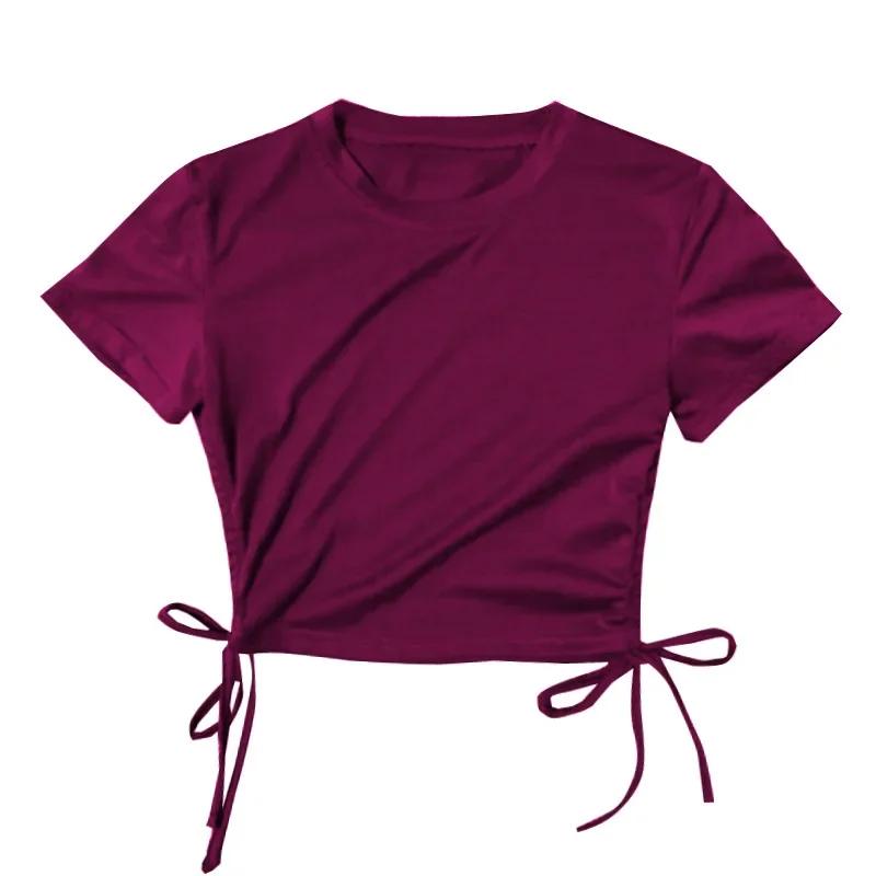 Sexy Drawstring Tie Bare Midriff Slim Tank Top Women Short Sleeves Bottoming Crop Tops Camisetas Mujer